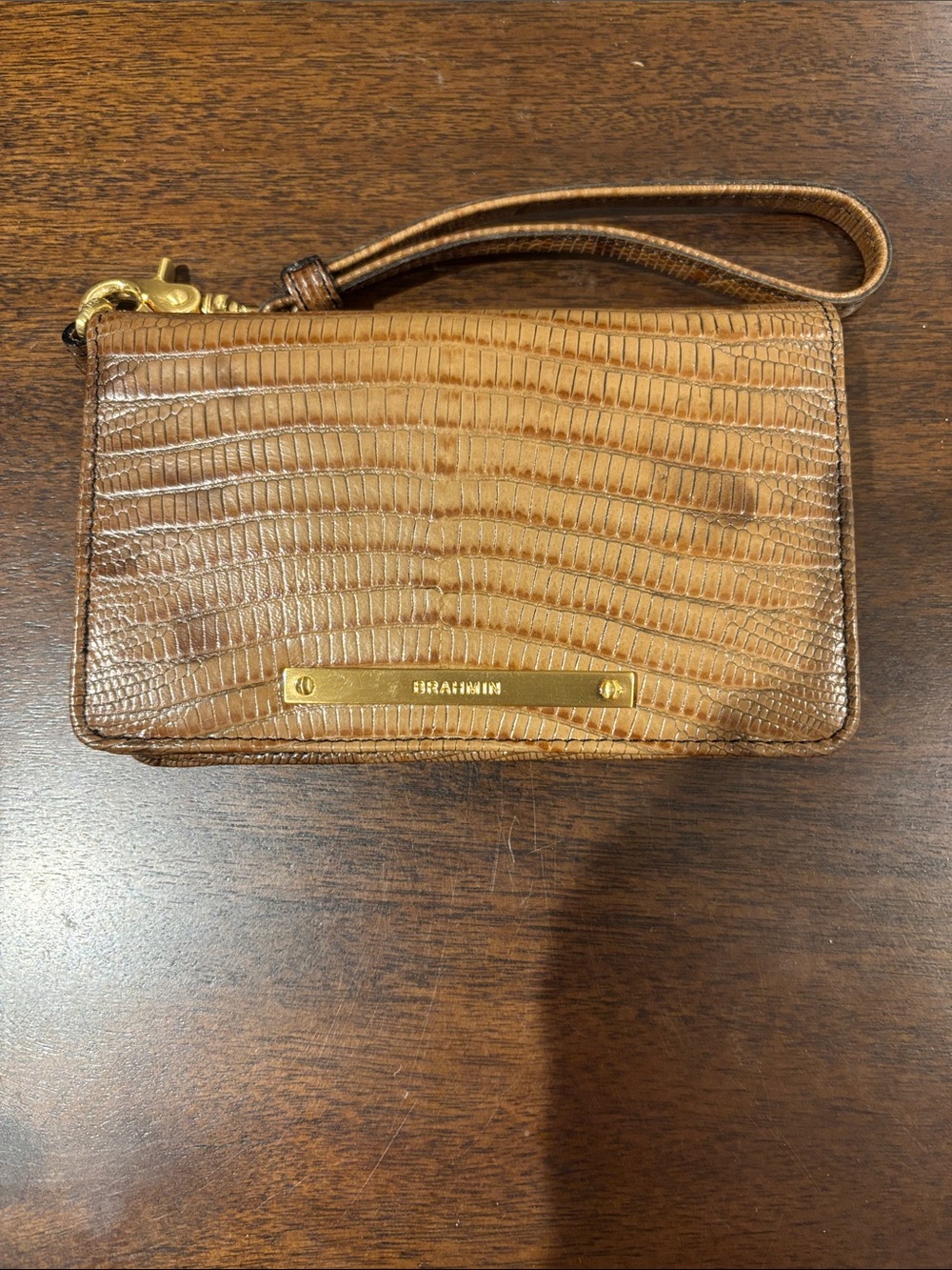 Brahmin Cognac Embossed Leather Wristlet with Gold Hardware